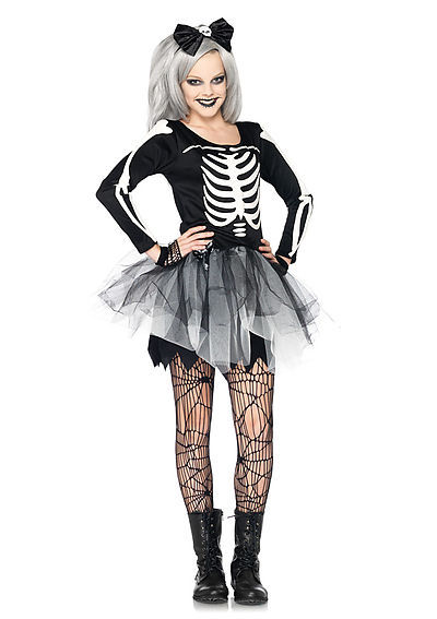 2PC. Jr. Sassy Skeleton Costume Set Bone Dress With Tulle Skirt And Headband