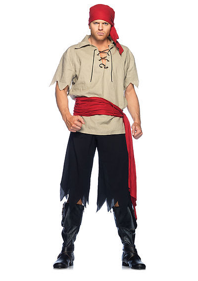 4PC. Cutthroat Pirate Costume Set With Shirt, Tattered Pants, Waist Sash, Head Scarf