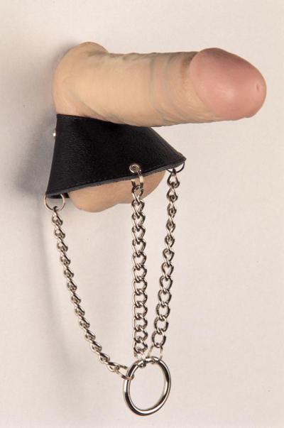Hodenmanschette Leder schwarz + Kette