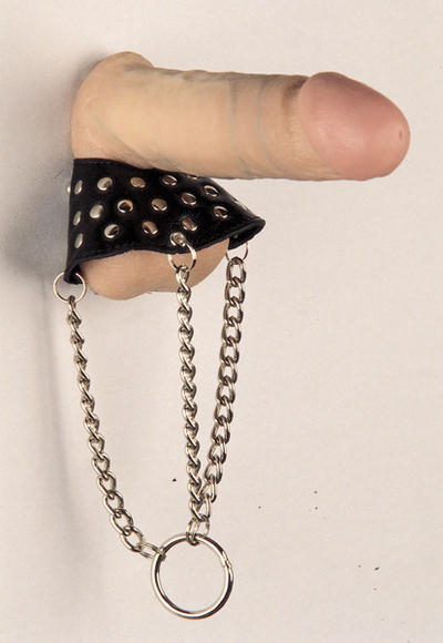 Hodenmanschette Leder schwarz + Dornen/Kette