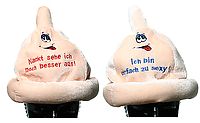 Condom-Hut Plüsch mit Gesicht und Spruch