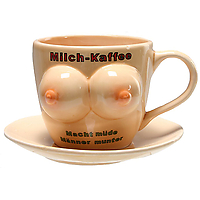 Jumbo-Tasse m. Busen, Spruch u. Unterteller