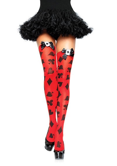 Opaque Card Print Thigh Highs With Satin Bow And Applique