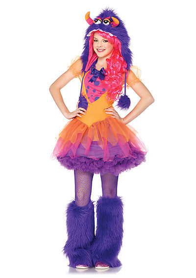 2PC. Jr. Furrrocious Frankie Costume Set Dress And Furry Monster Hood With Pom Pom Ties