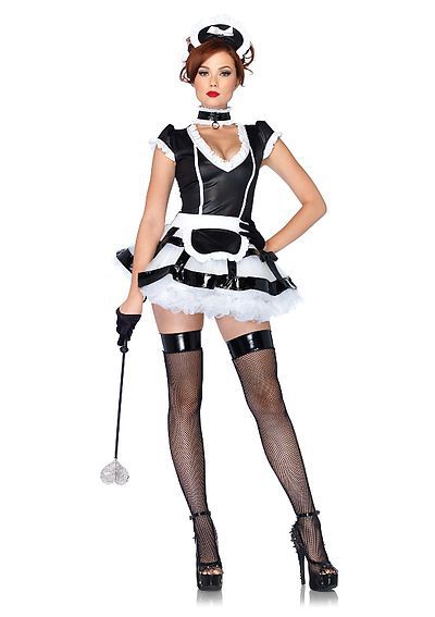 3PC. Costume Set Mistress Maid, Apron Dress With Cage Skirt, Choker And Headband