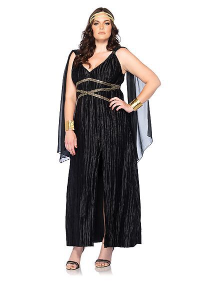 3PC. Costume Set Plus Size Dark Goddess Includes Dress With Draped Shoulder, Cuffs And Headpiece
