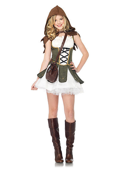 3PC. Jr. Robin Hood Costume Set Peasant Dress, Hooded Cape And Satchel
