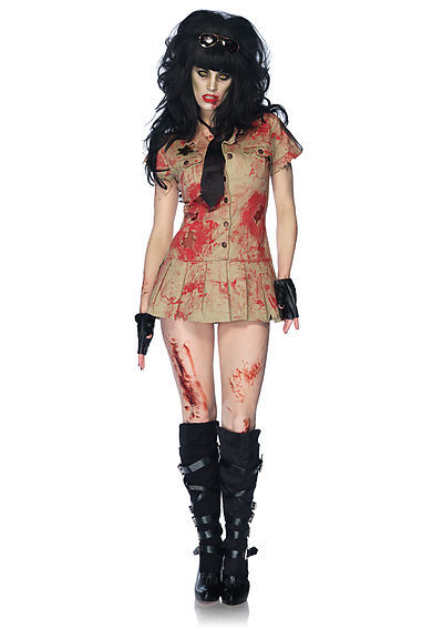 3PC. Officer Armbiter Costume Set With Bloody Dress, Tie, Fingerless Gloves