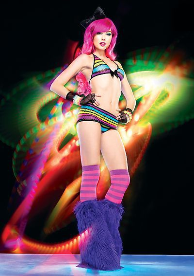 3Pc. Rave Set With Rainbow Zig Zag Net Bikini Top, Skirt, Side Tie Bikini Bottom