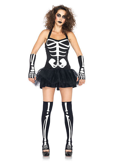 3PC. Sexy Skeleton Costume Set With Tutu Dress With Glow In Dark Bone, Gloves, Thigh Highs