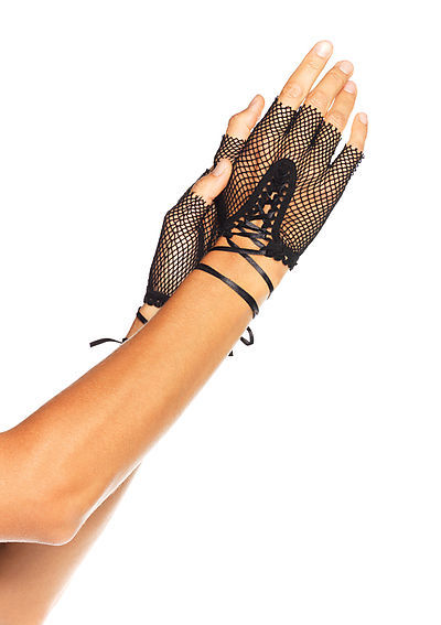 Fishnet Fingerless Lace Up Gloves