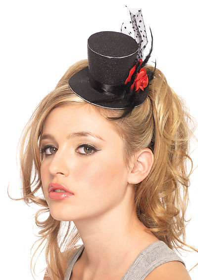 Rose Clip-On Petite Glitter Top Hat With Polka Dot Mesh And Feather