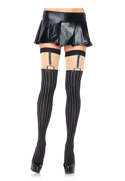 Spandex Opaque Pinstriped Suspender Thigh Highs
