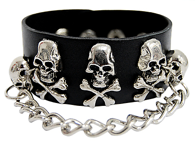 Kunstlederarmband - Totenköpfe mit Kette