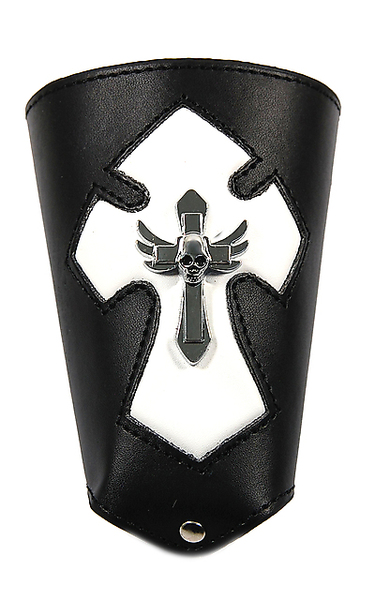 Lederarmband mit weissem Kruzifix und Totenkopf