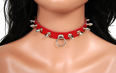 Lederhalsband / Killernieten & Ring (Rot)