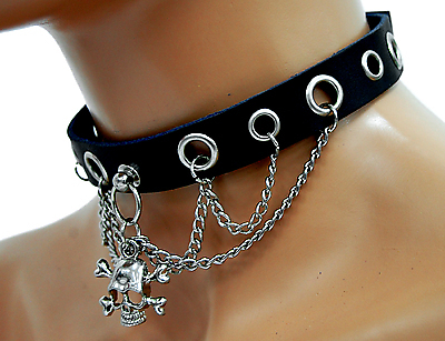 Lederhalsband - Totenkopf, Ösen und Ketten