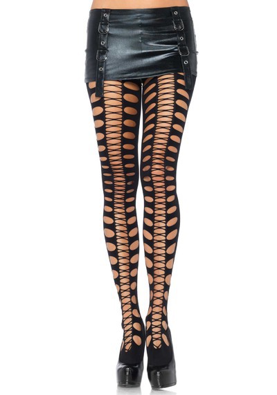 Seamless Opaque Pothole Pantyhose With Criss Cross Lace Detail Reversible