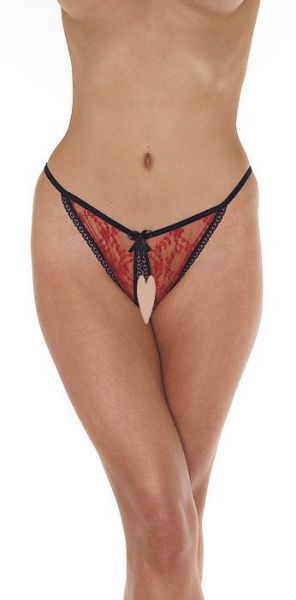 Roter Spitzentanga offen im Schritt