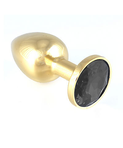 Butt-Plug Metall gold mit Kristallstein schwarz
