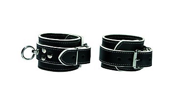 Einfache Handfesseln aus Leder schwarz mit weißem Rand Ledapol LE8077