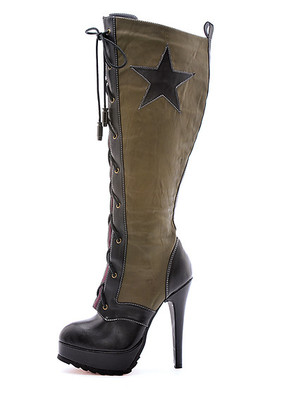 Knee High Pu Boot With Star Accent And Bullet Shoe Lace