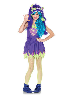 2PC. Jr. Gerty Growler Costume Set Dress With Tiered Skirt And Monster Hood With Pom Pom Ties
