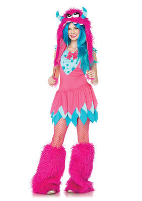 2PC. Jr. Mischief Monster Costume Set Dress And Furry Monster Hood With Pom Pom Ties