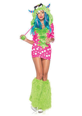 2PC. Melody Monster Costume Set With Dotted Dress And Furry Monster Hood With Pom Pom