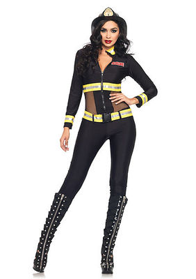 2PC. Red Blaze Firefighter Costume Set With Catsuit With Fishnet Side Panels And Belt