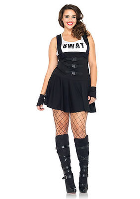 2PC. Sultry Swat Officer Costume Set With Tank Dress With Buckle And Fingerless Gloves
