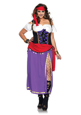 2PC. Traveling Gypsy Costume Set With Peasant Dress Whigh Slit Skirt And Headscarf