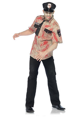 3PC. Deputy Dead Costume Set With Bloody Uniform Shirt, Tie, Cop Hat