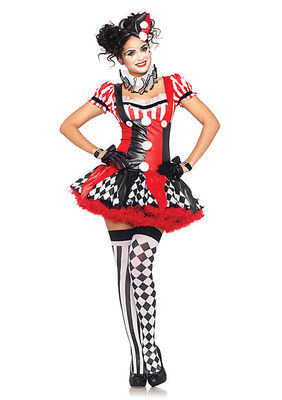 3PC. Harlequin Clown Costume Set With Suspender Dress, Ruffle Neck Piece, Hat