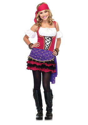 3PC. Jr. Crystal Ball Gypsy Costume Set With Dress With Ruffle Skirt, Arm Puffs, Head Scarf