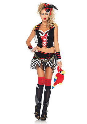 3PC. Plank Walking Pirate Costume Set With Vest Top, Wrist Cuffs And Skirt With Side Bow