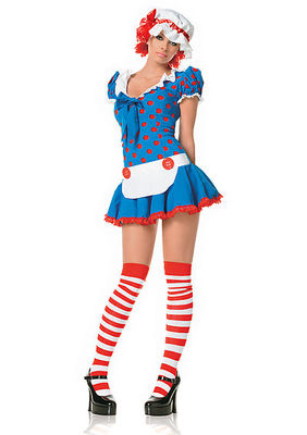 3PC. Rag Doll Costume Set With Bonnet, Polka Dot Apron Dress With Built In Petticoat And Striped Stockings