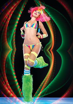 3Pc. Rave Set With Rainbow Zig Zag Net Bikini Top, Skirt, Side Tie Bikini Bottom