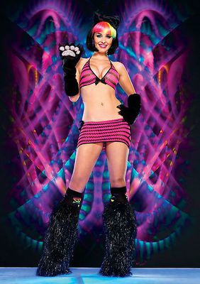 3Pc. Rave Set With Zig Zag Net Bikini Top, Mini Skirt, Side Tie Bikini Bottom