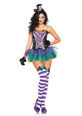 3PC. Tempting Mad Hatter Costume Set With Halter Bustier, Tutu Skirt, Head Piece