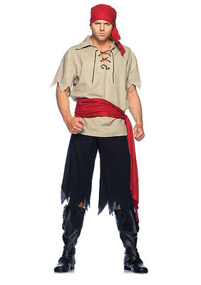 4PC. Cutthroat Pirate Costume Set With Shirt, Tattered Pants, Waist Sash, Head Scarf