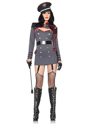 4PC. General Punishment Costume Set With Button Front Dress, Epaulette Shrug, Hat, Belt