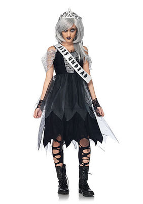 4PC. Jr. Zombie Prom Queen Costume Set Dress, Sash, Fingerless Gloves, Tiara