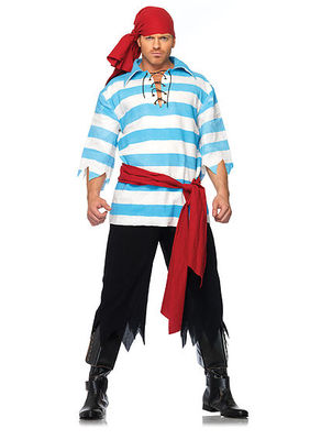 4PC. Pillaging Pirate Costume Set With Striped Shirt, Tattered Pants, Sash, Head Scarf