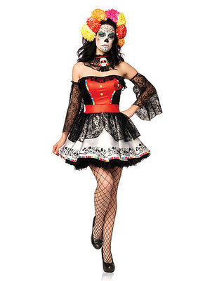 4PC. Sugar Skull Beauty Costume Set With Dress, Lace Sleeves, Clear Straps, Neck Piece
