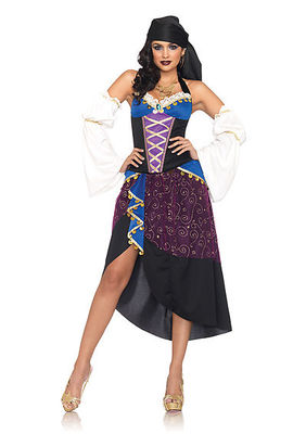 4PC. Tarot Card Gypsy Costume Set With Bustier, High Slit Skirt, Head Scarf, Sleeves