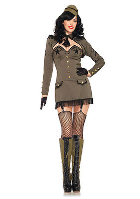 5PC. Pin Up Army Girl Costume Set With Dress, Back Bow, Shrug, Clear Straps, Tie And Hat