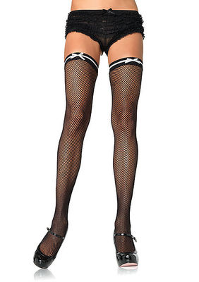 Fishnet Thigh Highs With Contrast Satin Ribbon Top