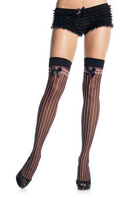 Lycra Sheer Pin Stripe Thigh Highs With Bow Top