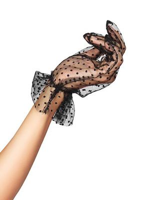 Wrist Length Flocked Dot Gloves With Ruffle Accent